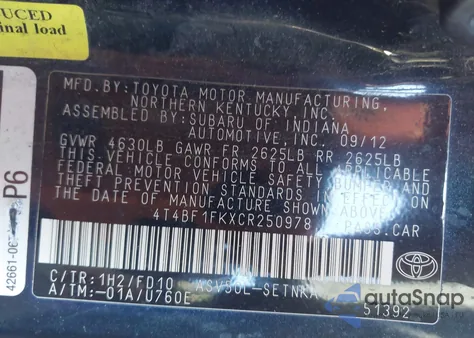 2012 Toyota Camry Base from USA, damaged, VIN 4T4BF1FKXCR250978